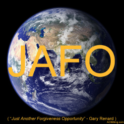 JAFO (Just Another Forgiveness Opportunity) shirt reminds us not to take the illusion of our increasingly surreal 3D world too seriously.