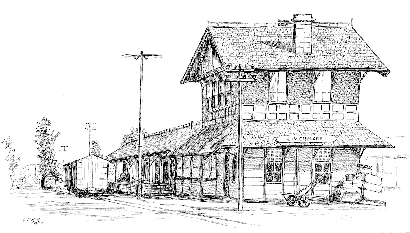Pen and ink sketch drawing of Livermore Railroad Depot (Southern Pacific Railroad, 1901) by Barbara Rawles, 1972.