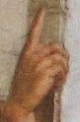 Plato's upward pointing finger; detail from "The School of Athens" painting by Raphael