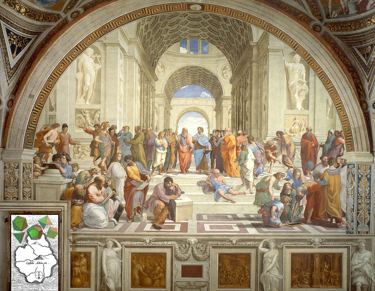 painting (with additions) "The School of Athens" by Raffaello Sanzio da Urbino (Raphael) + Atlantis map + 5 Platonic Solids